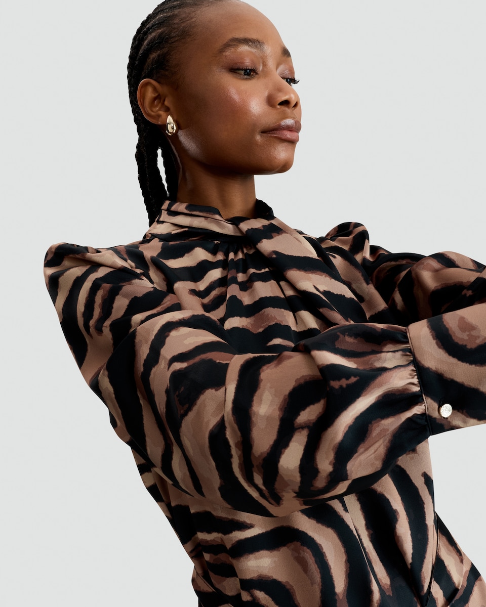 image 1 of F&F Satin Zebra Print Tie Neck Long Sleeved Dress in Multi Brown