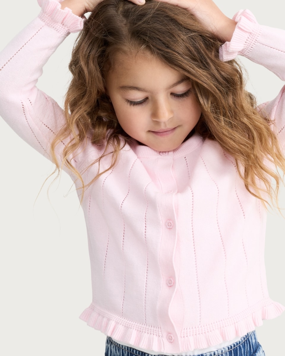image 1 of F&F Girls Pure Cotton Pointelle Frill Trim Cardigan in Pink