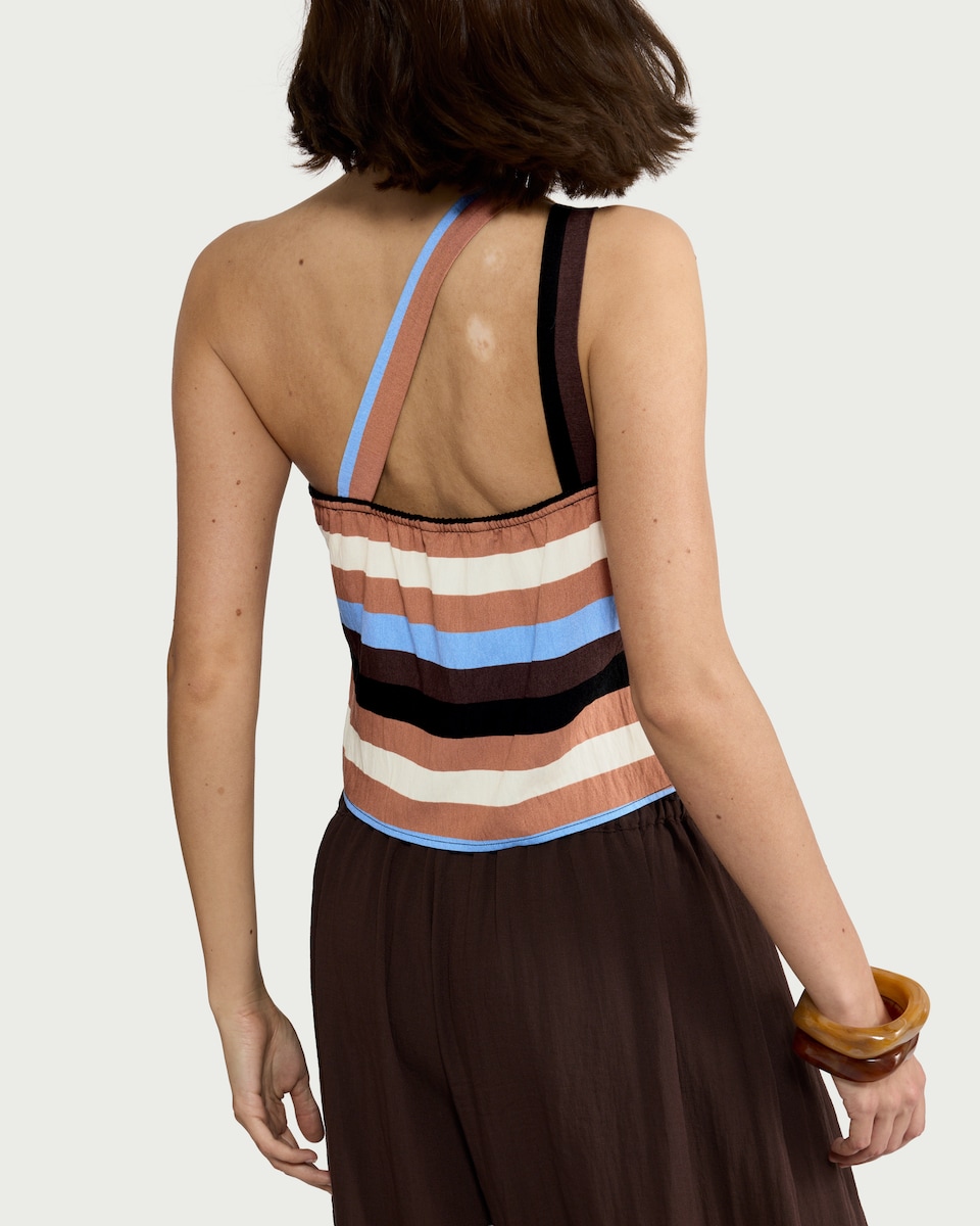 image 1 of F&F Striped Asymmetric One Shoulder Top in Multi Black