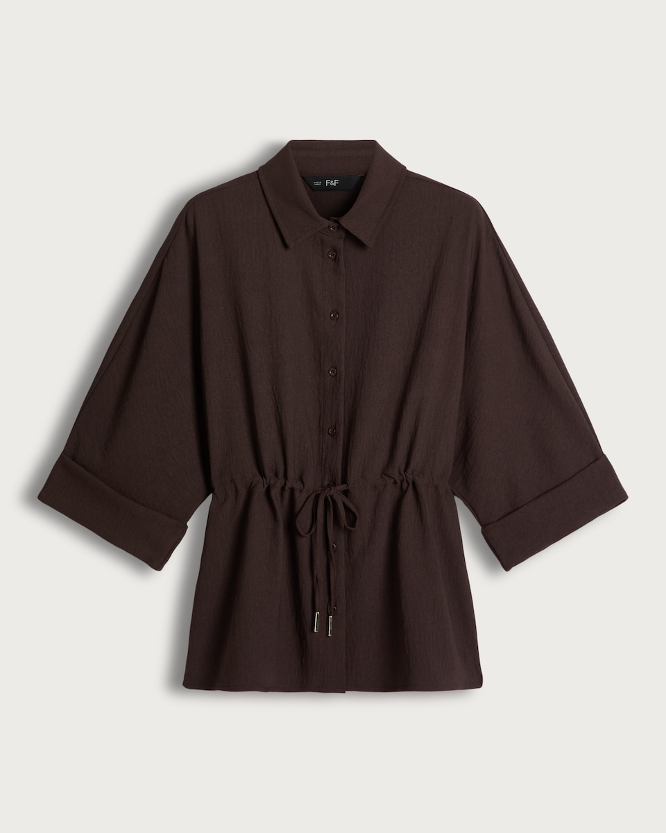 image 1 of F&F Drawstring Waist Wide Sleeved Shirt in Brown
