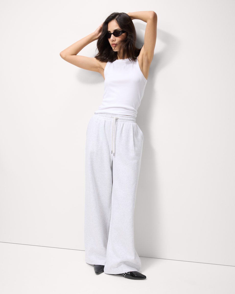 image 1 of F&F Cotton Rich Wide Leg Drawstring Trousers in Grey Marl