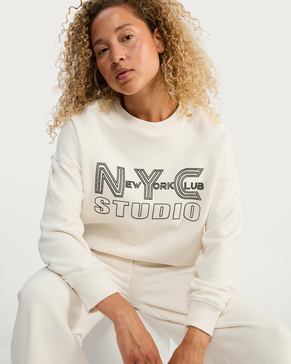 image 1 of F&F Active NYC Studio Slogan Sweatshirt in Cream