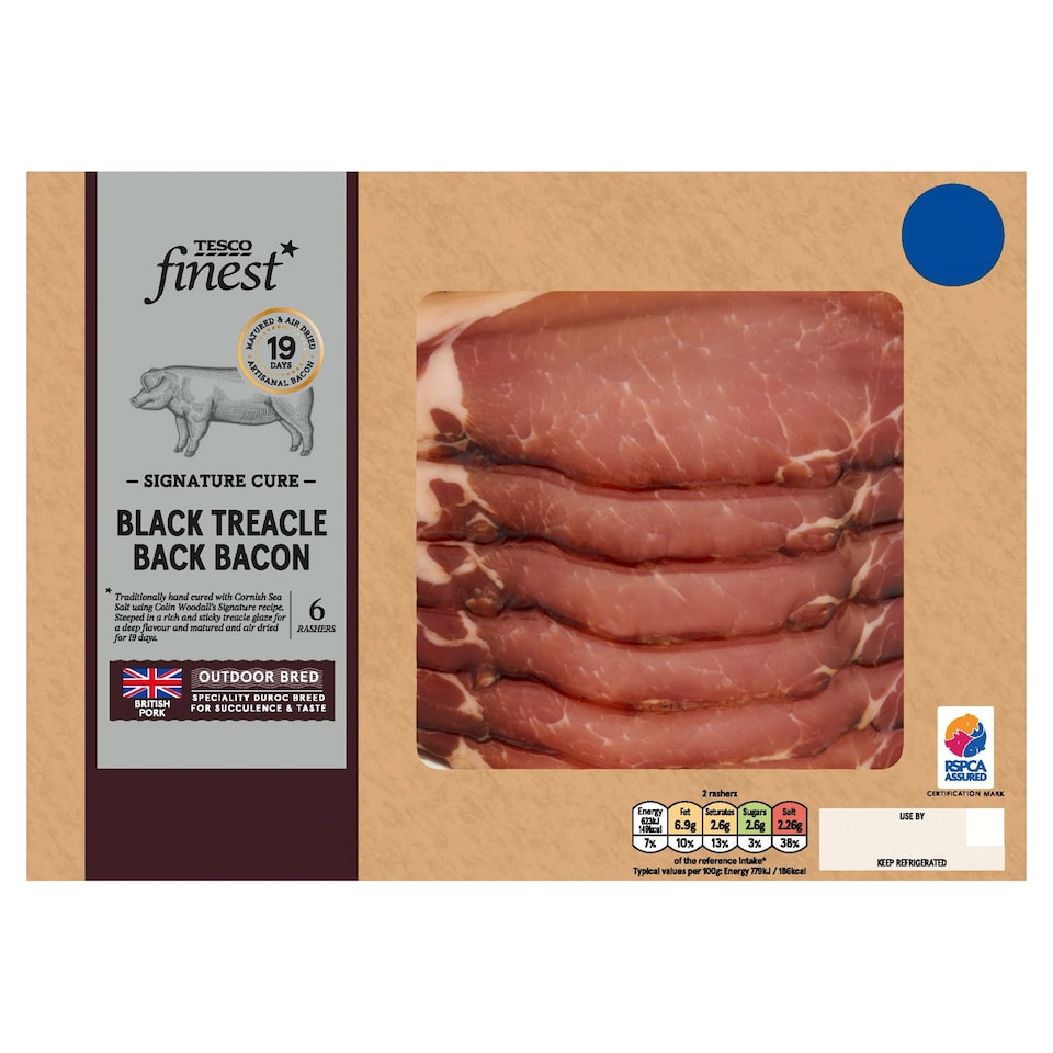 Tesco Finest* Signature 6 British Outdoor Bred Dry Cured Black Treacle Back Bacon Rashers 240g