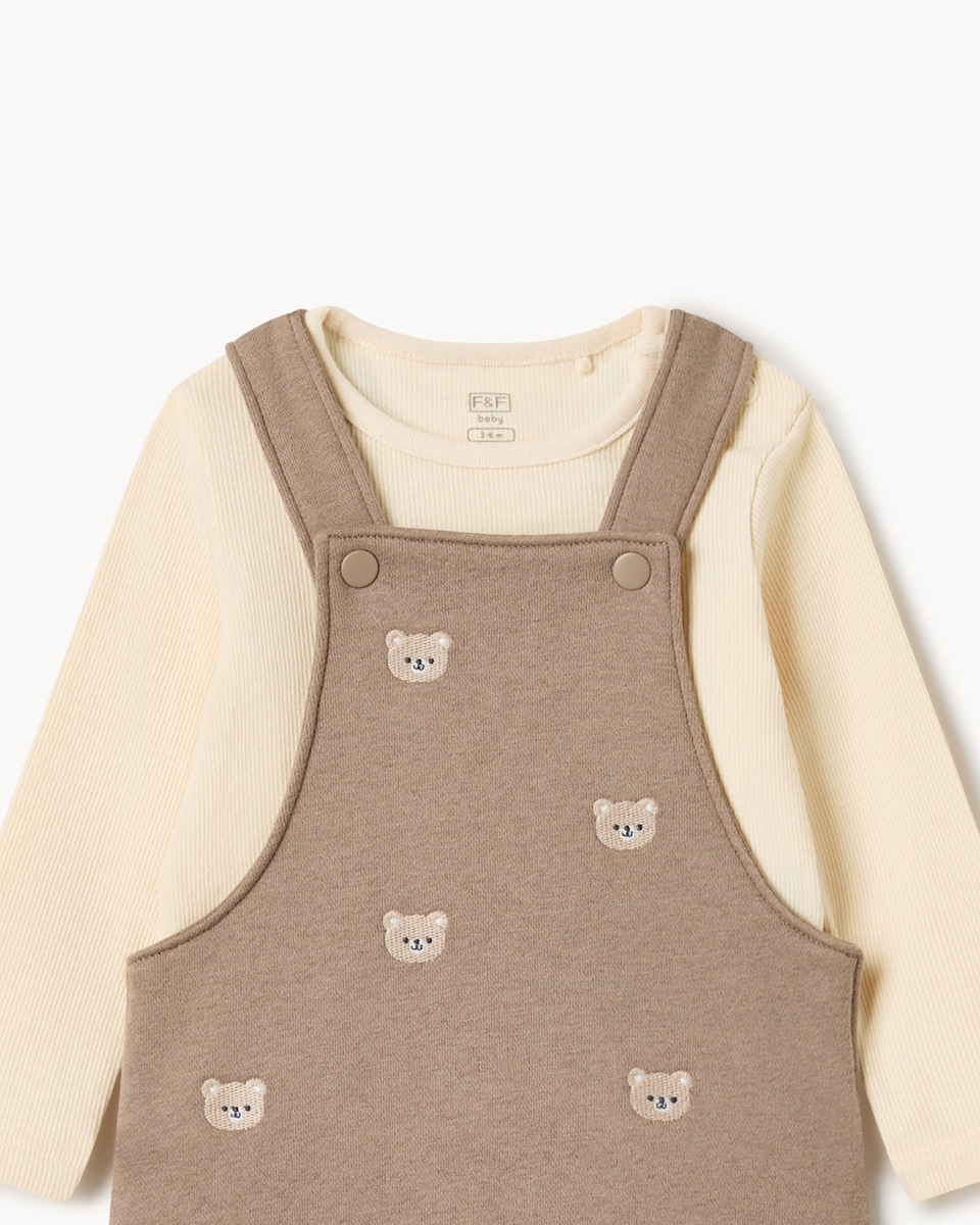 image 1 of F&F Baby Cotton Rich Teddy Bear Embroidered Dungarees and Bodysuit Set in Neutral
