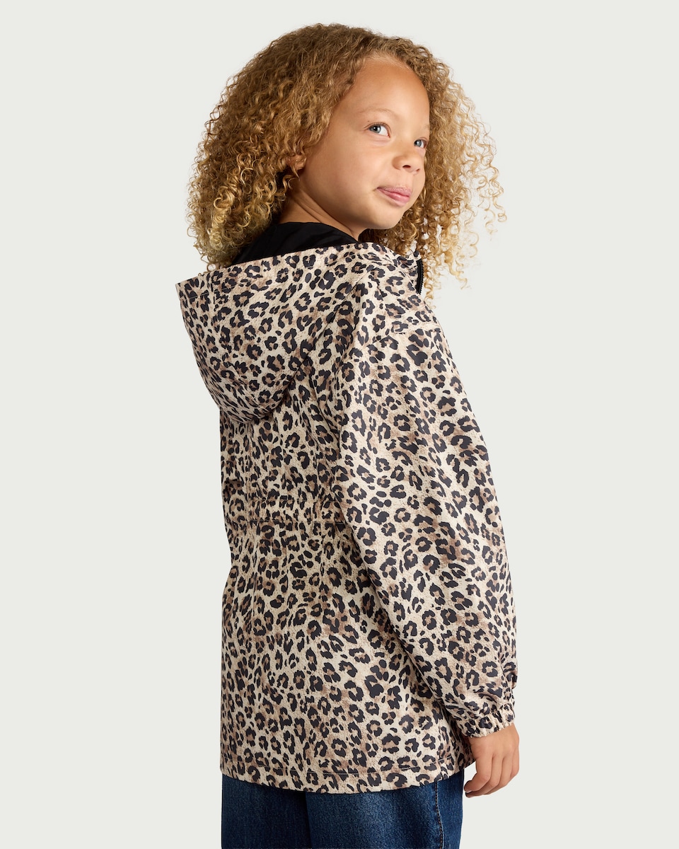 image 1 of F&F Girls Leopard Print Cinched Waist Raincoat in Multi Brown