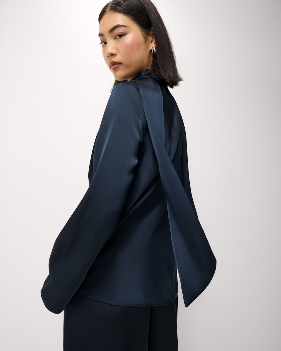 image 1 of F&F Satin Draped Blouse in Navy