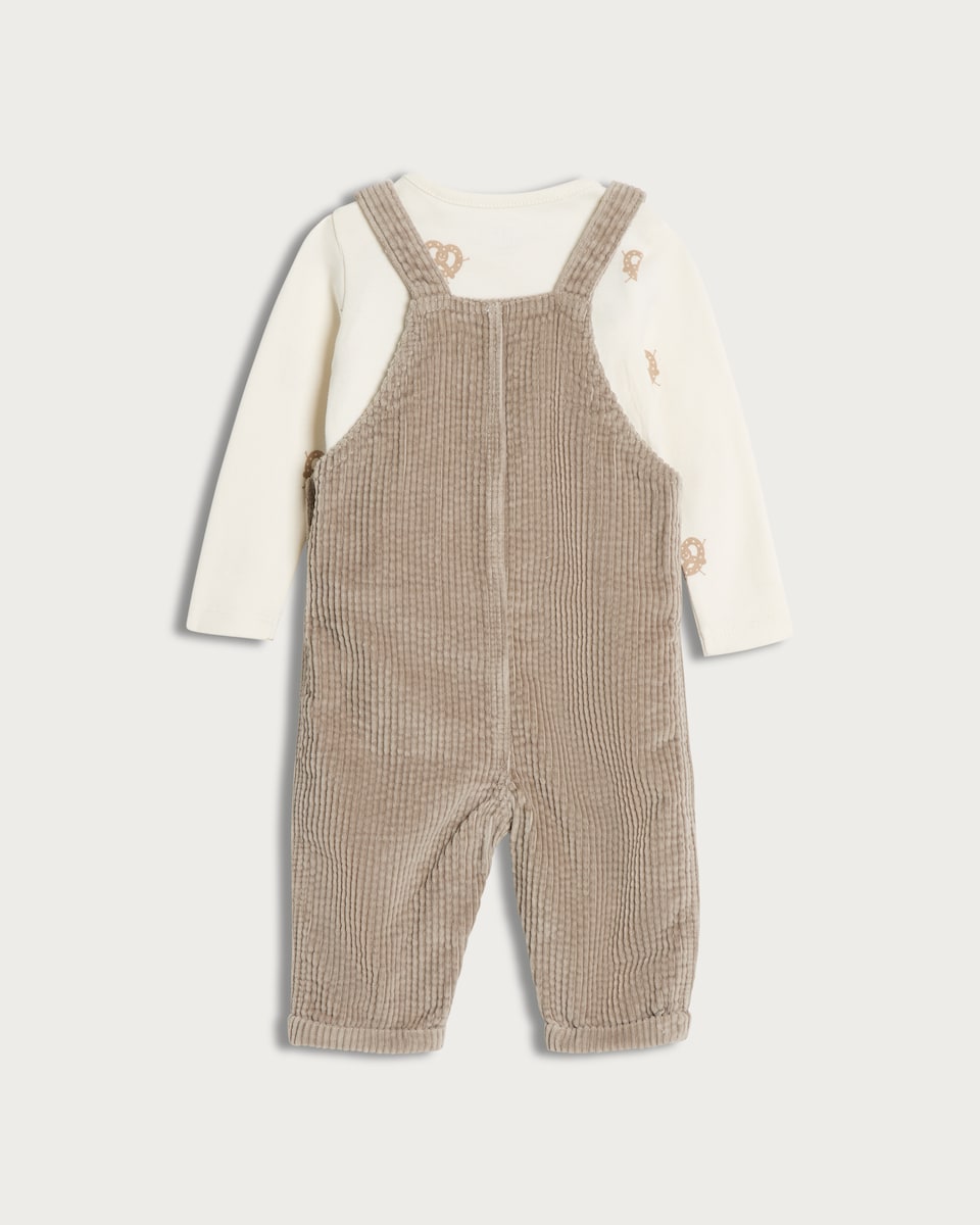 image 1 of F&F Baby 2-Pack Pure Cotton Corduroy Dungarees and Pretzel Print Bodysuit Set in Tan