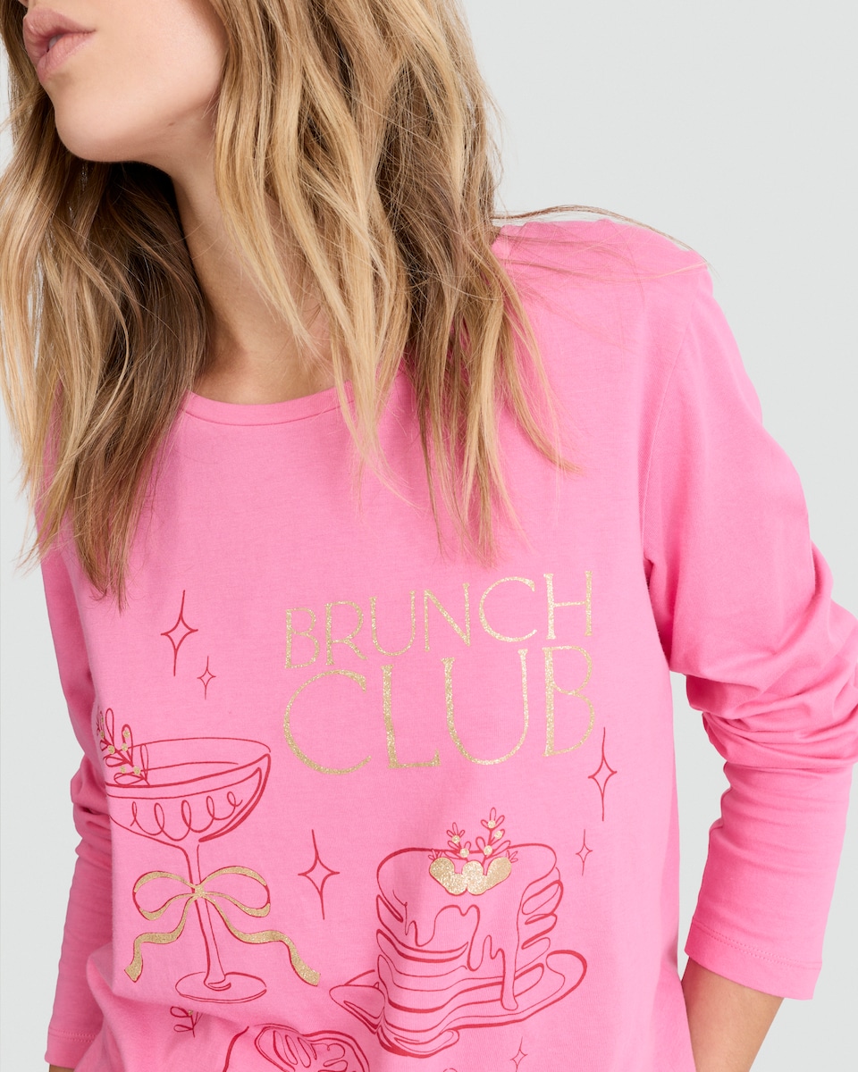 image 1 of F&F Pure Cotton Brunch Club Top and Wide Leg Bottoms Pyjamas in Pink