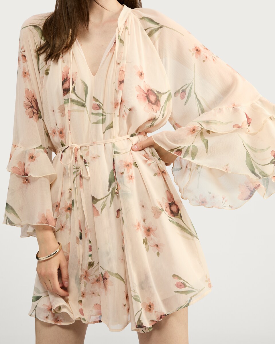 image 1 of F&F Floral Print Tie Waist Mini Dress in Cream