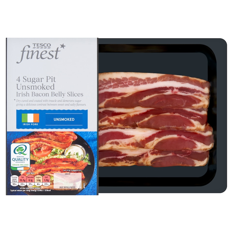 Tesco Finest 4 Sugar Pit Unsmoked Irish Bacon Belly Slices 240g