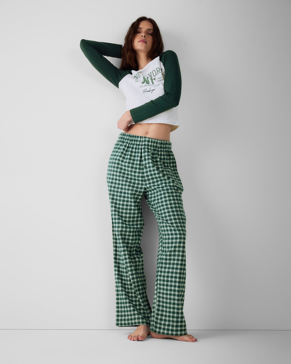 image 1 of F&F Cotton Rich Raglan Checked Pyjama Set in Multi Green