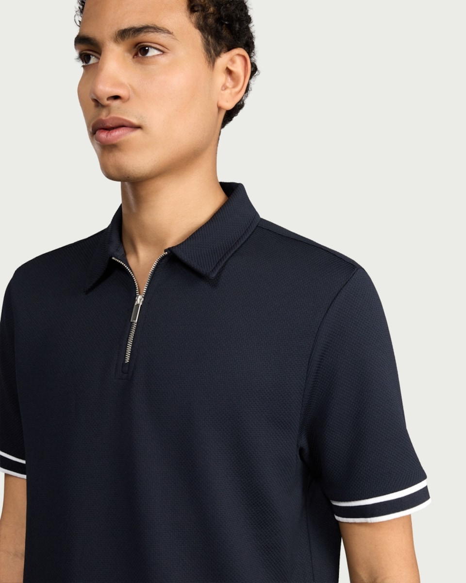 image 1 of F&F Textured Zip Neck Relaxed Fit Polo Shirt in Navy