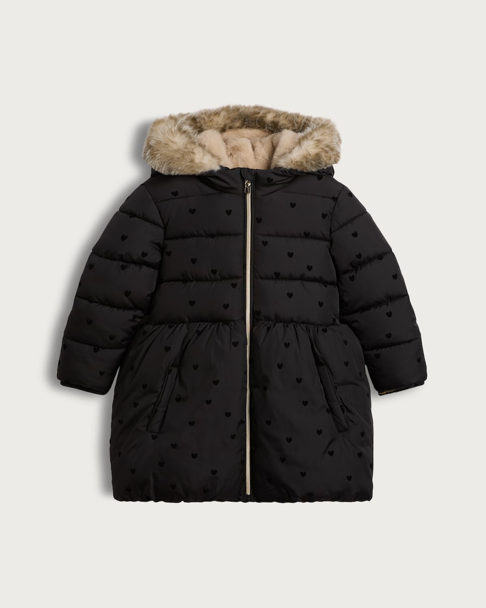 image 1 of F&F Girls Heart Print Faux Fur Hooded Puffer Coat in Black