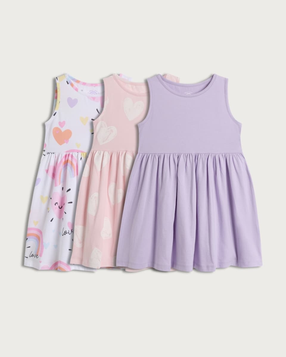 F&F Girls 3-Pack Pure Cotton Sleeveless Dresses in Multi Pink