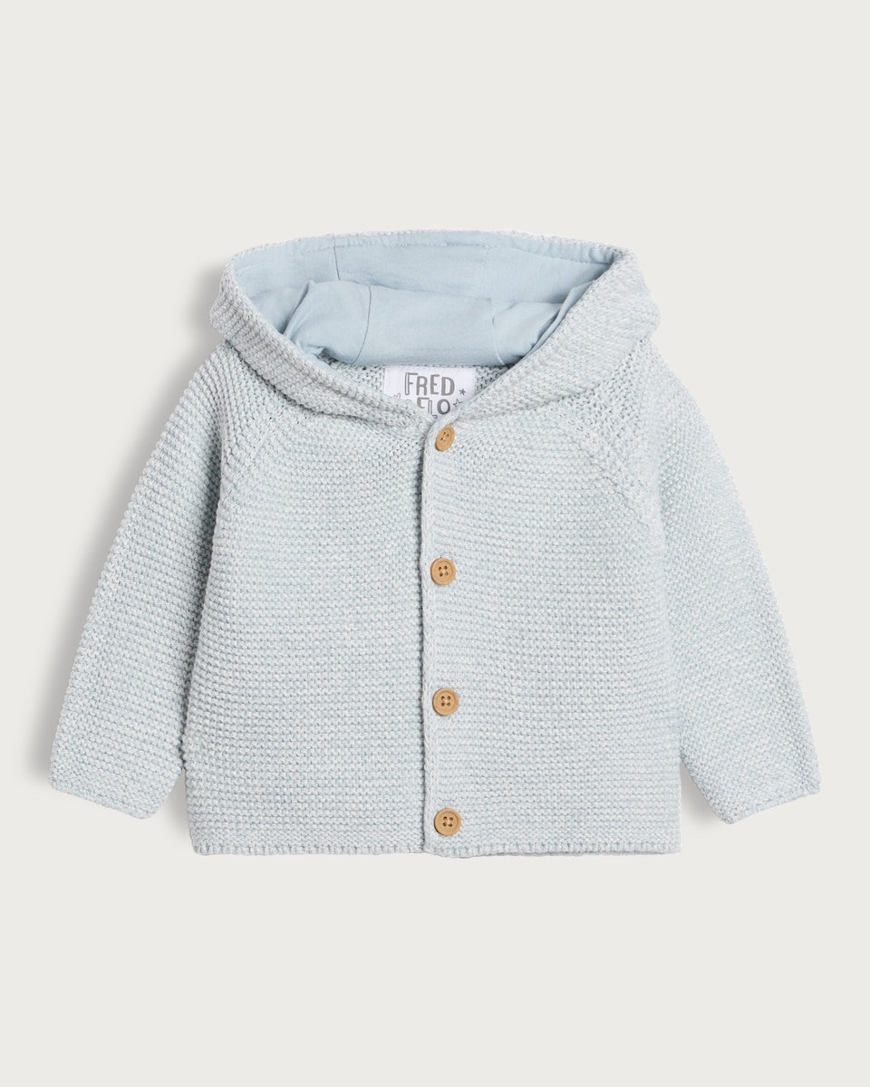 image 1 of F&F Baby Pure Cotton Knitted Button Front Hooded Cardigan in Blue