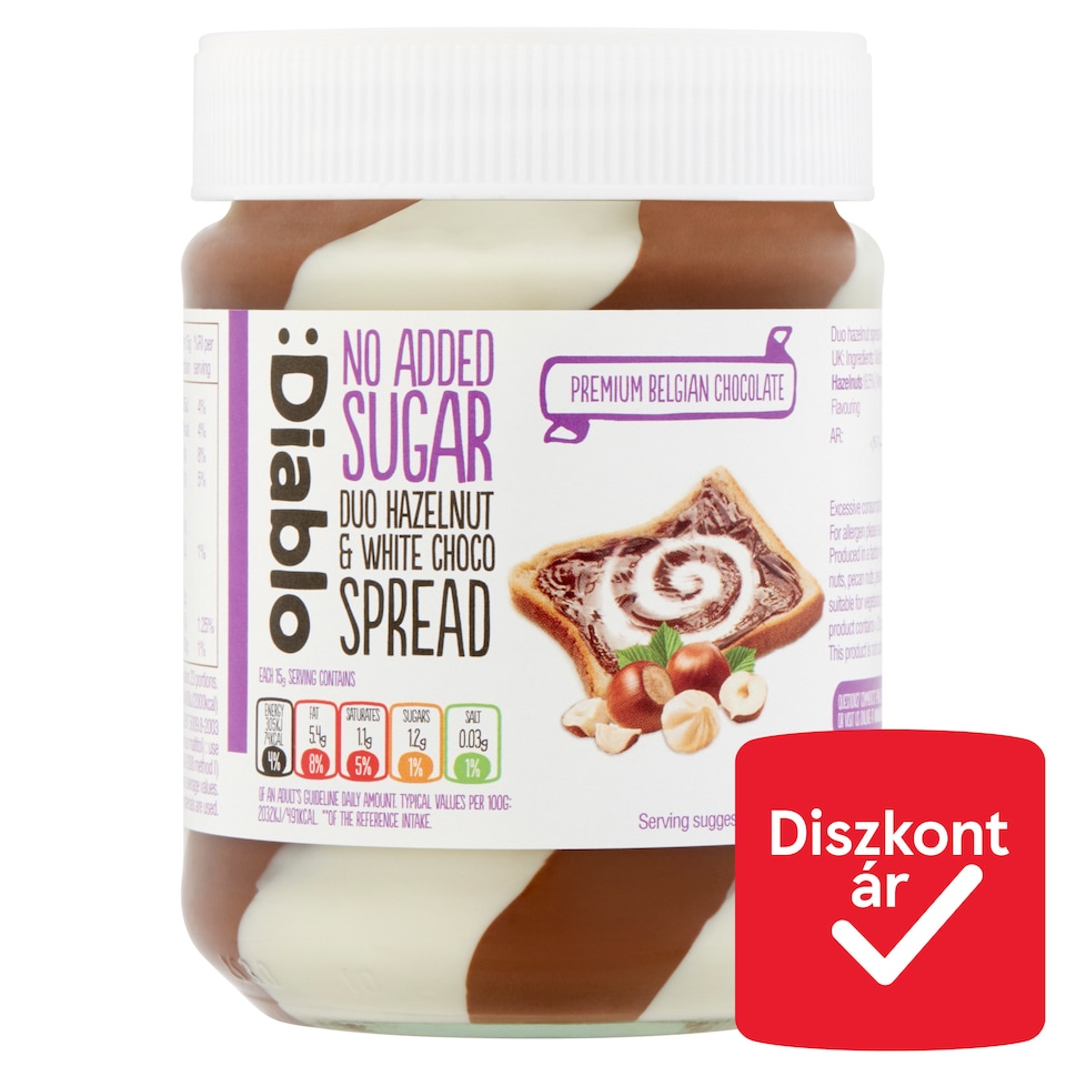 Diablo mogyoró és fehércsokoládé krém hozzáadott cukor nélkül, édesítőszerrel 350 g