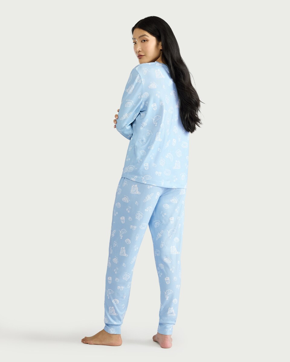 image 1 of F&F Textured Breakfast Print Pyjama Set in Multi Blue