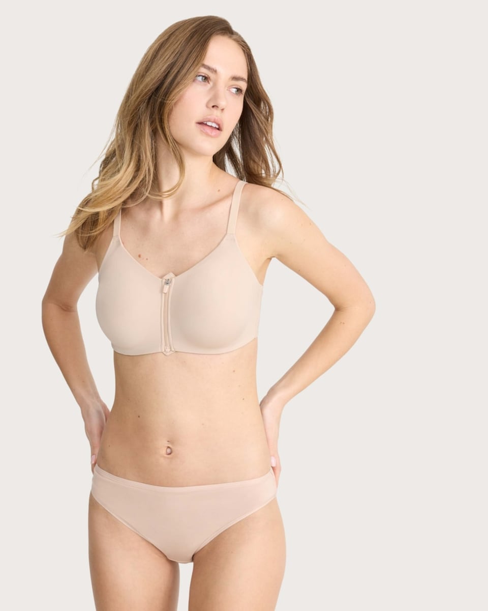 image 1 of F&F Front Zip Non Wired Bra in Nude
