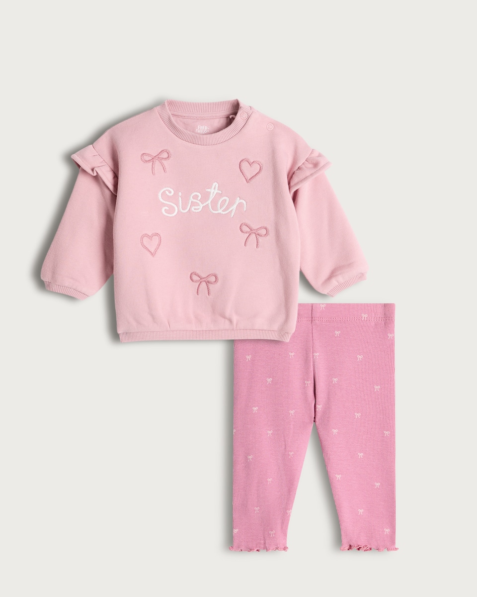 image 1 of F&F Baby 2-Pack Cotton Rich Sister Embroidered Slogan Outfit in Pink
