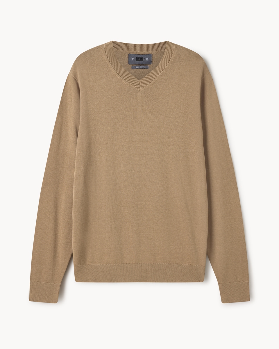 image 1 of F&F Pure Cotton V Neck Jumper in Camel