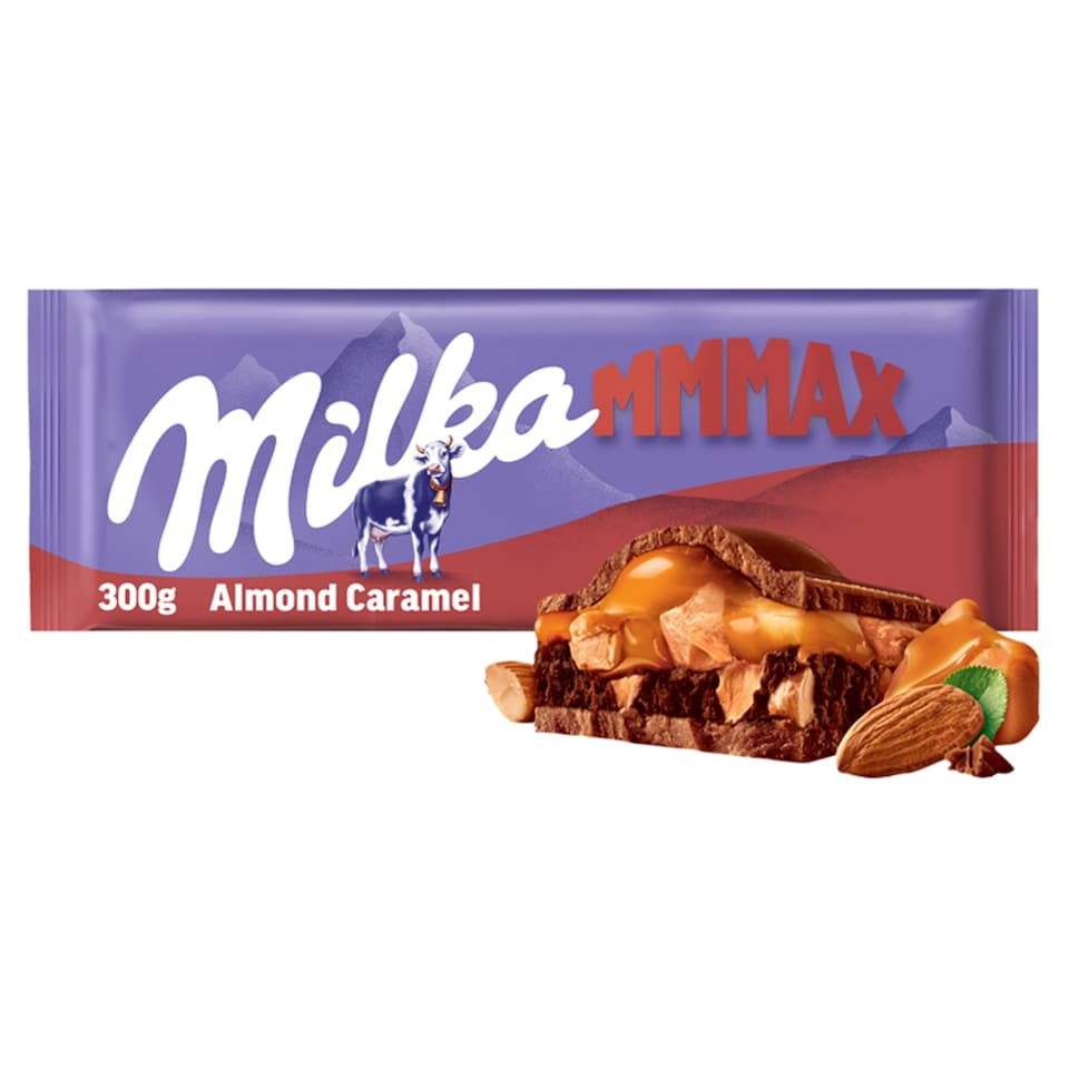 Obrázek 1 pro produkt Milka Almond caramel mléčná čokoláda z alpského mléka s mandlovo-kakaovou a karamelovou náplní 300 g