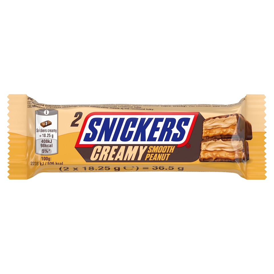 Snickers Creamy Smooth Peanut mléčná čokoláda s náplní z arašídové pomazánky 2 x 18,25g (36,5g)