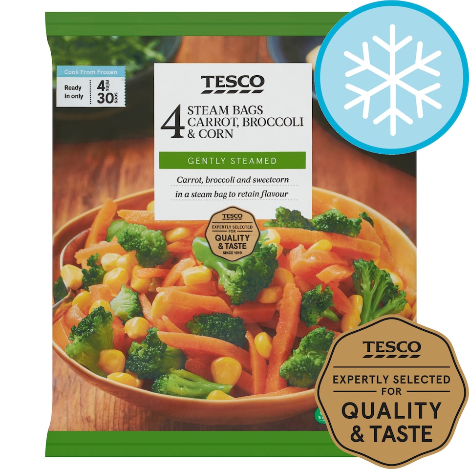 Tesco Steam Bags Carrot, Broccoli & Corn 4 x 160g (640g)