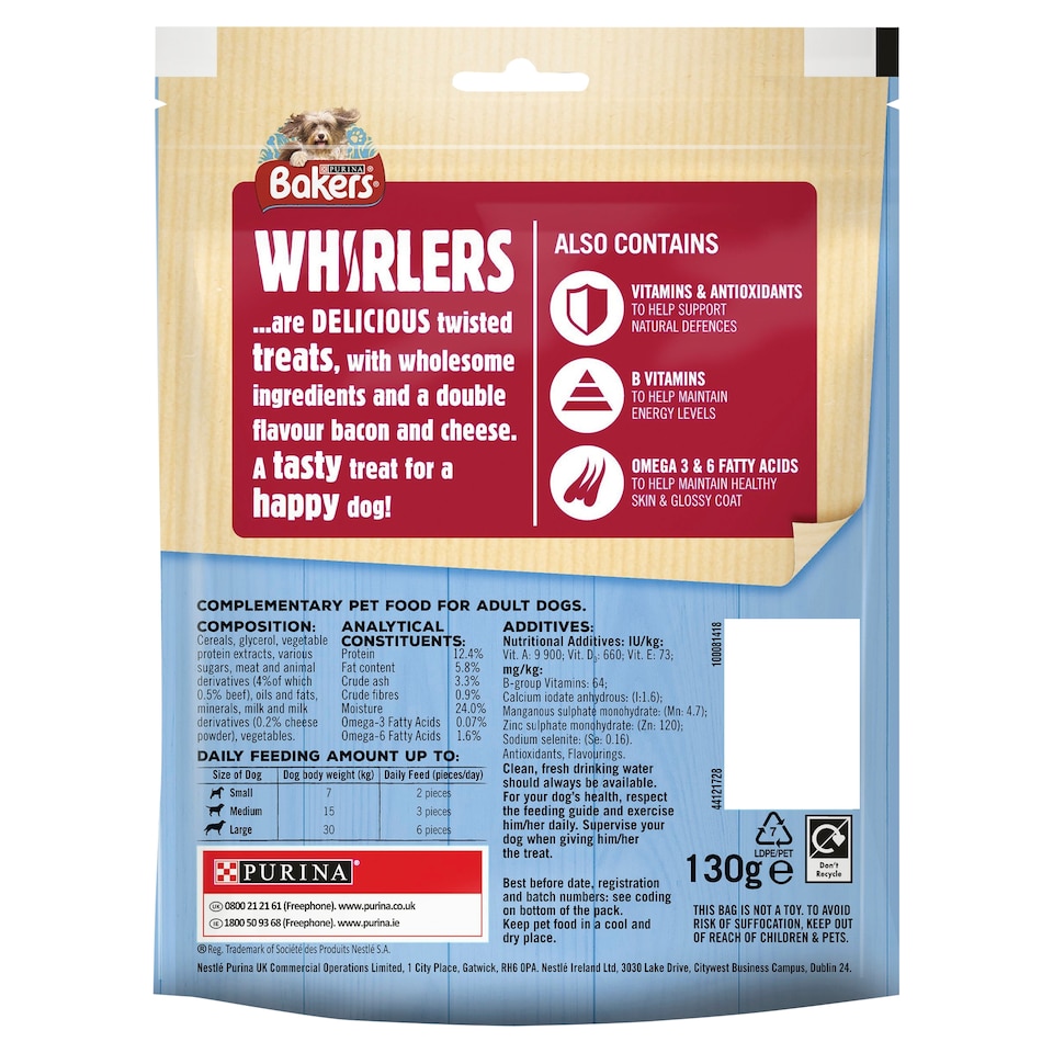 image 1 of Bakers Whirlers Dog Treats Bacon And Cheese 130G