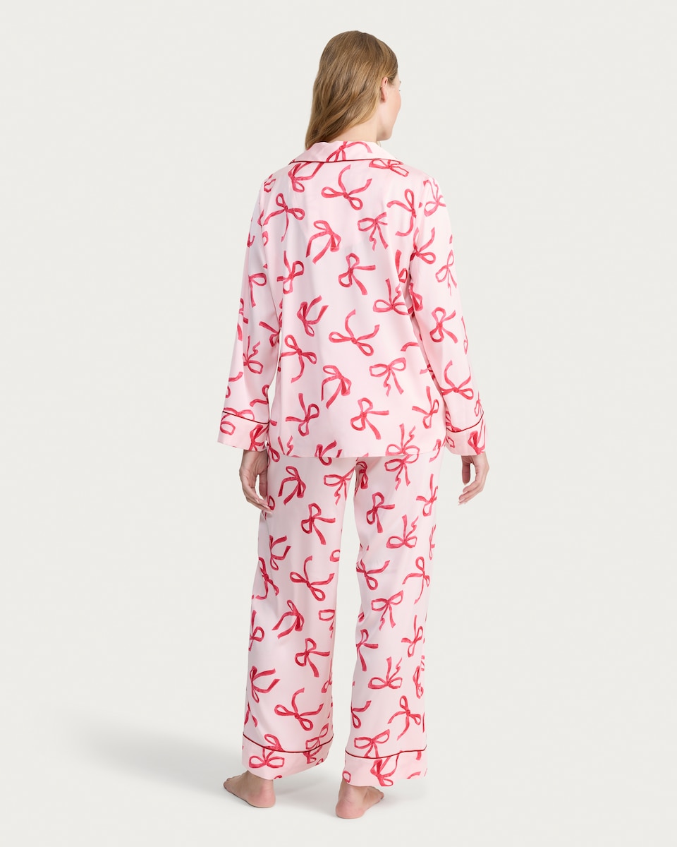 image 1 of F&F Satin Bow Print Shirt and Trousers Pyjamas in Pink