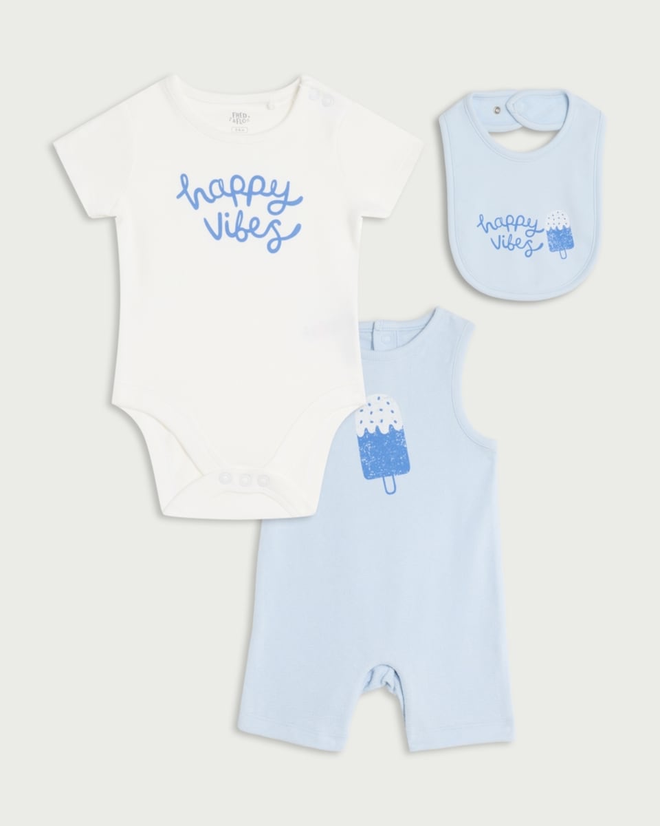 image 1 of F&F Baby 3-Piece Happy Vibes Bodysuit, Romper and Bib Set in Blue