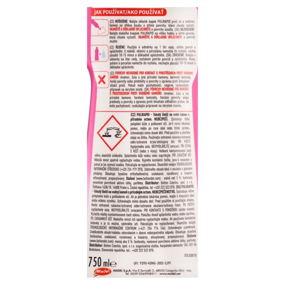 image 1 of Pulirapid Tekutý čistič na vodní kámen s přírodním octem 750ml
