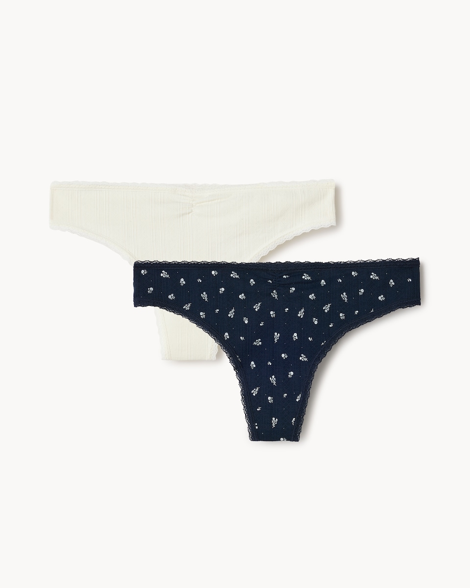 image 1 of F&F 2-Pack Pointelle Ribbed Floral Thongs in Multi