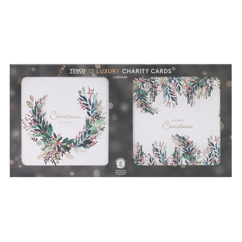 Tesco Luxury Green Wreath Christmas Cards 12 Pack