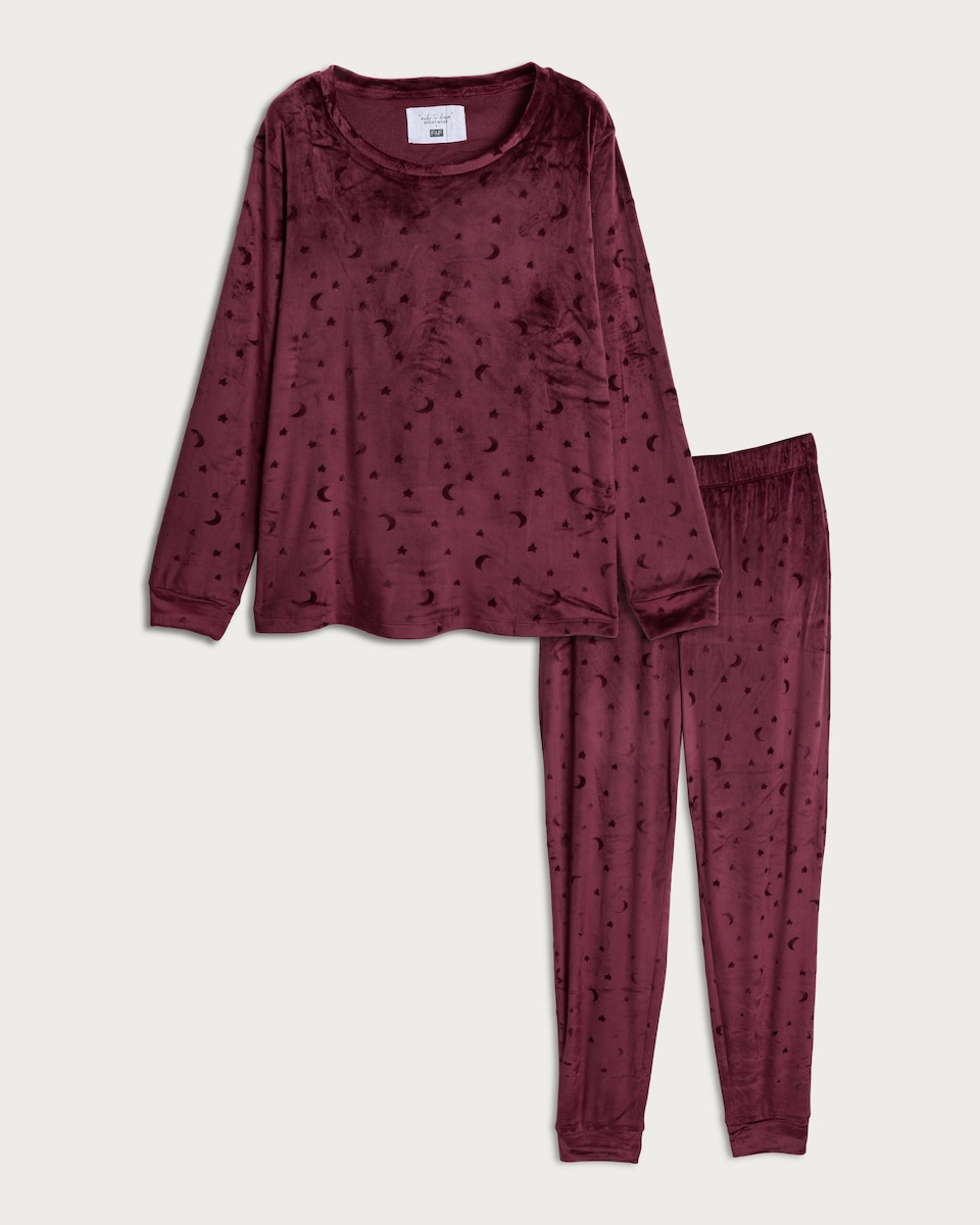 image 1 of F&F Fleece Moon and Star Print Pyjamas in Burgundy