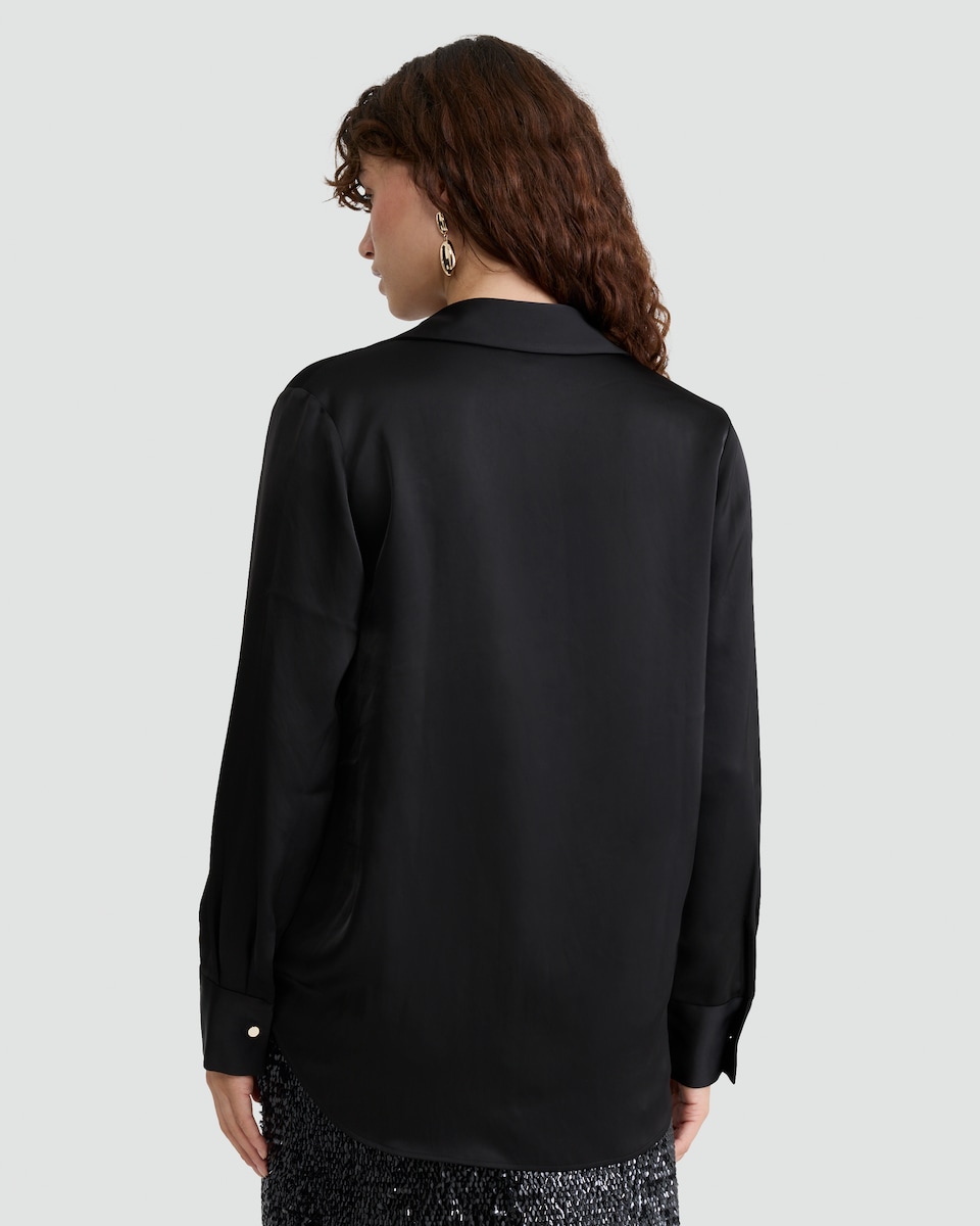 image 1 of F&F Satin Twist Front Long Sleeved Blouse in Black