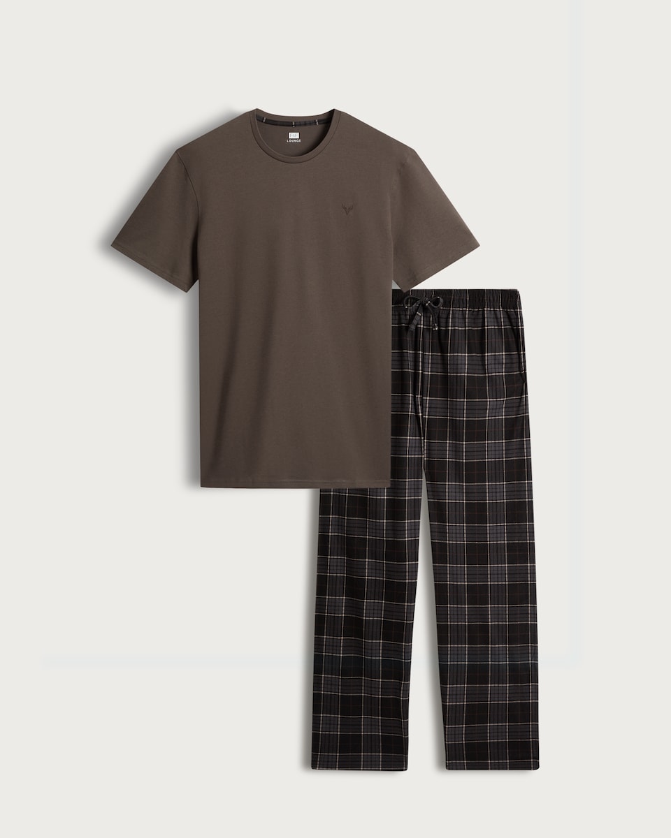 image 1 of F&F Check Print Fleece Bottom Pyjama Set in Brown