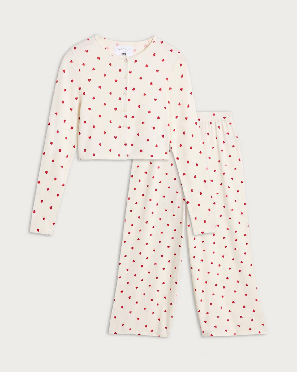 image 1 of F&F Snit Textured Heart Print Button Top and Bottoms Pyjama Set in Cream