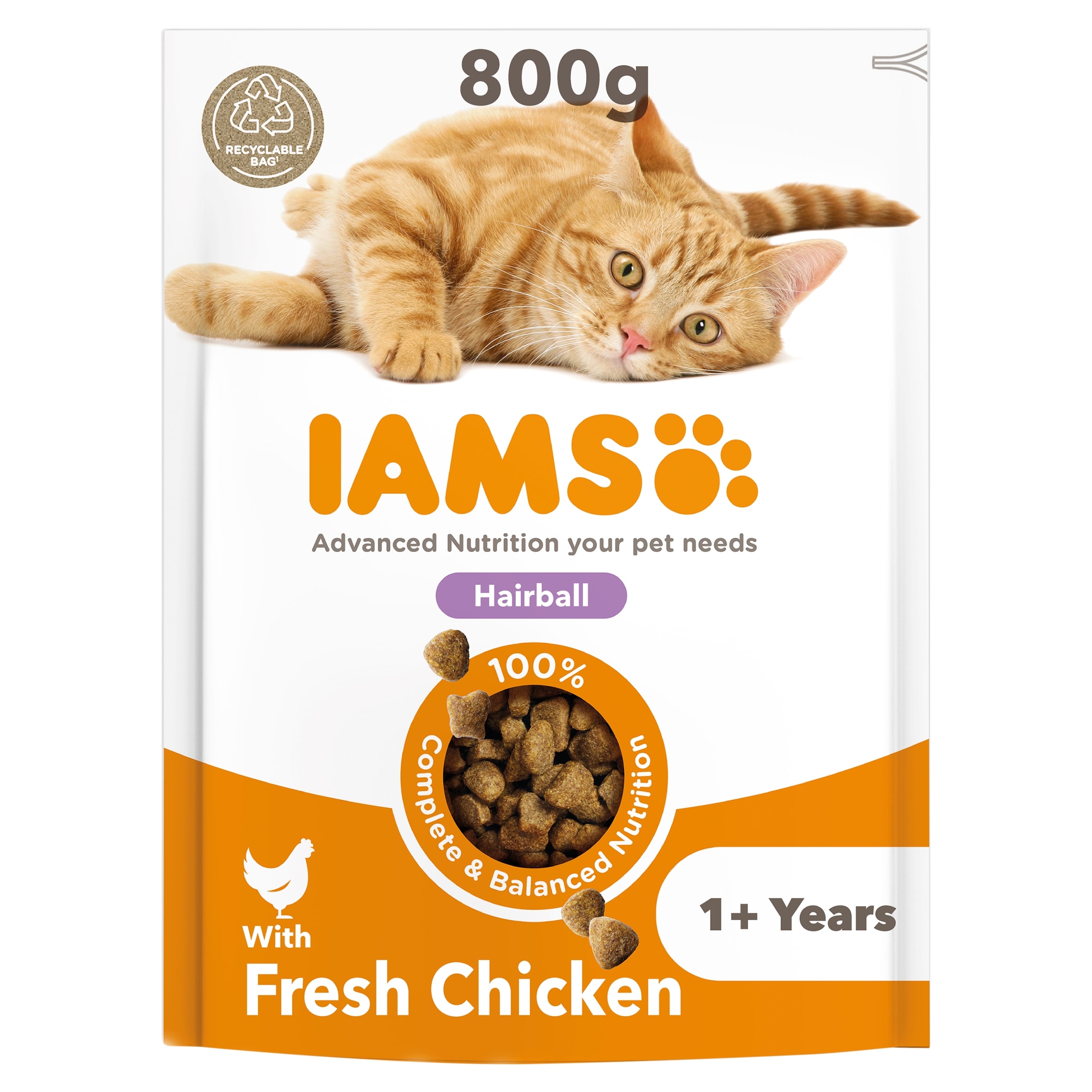 Iams Hairball Dry Cat Food Chicken 800G