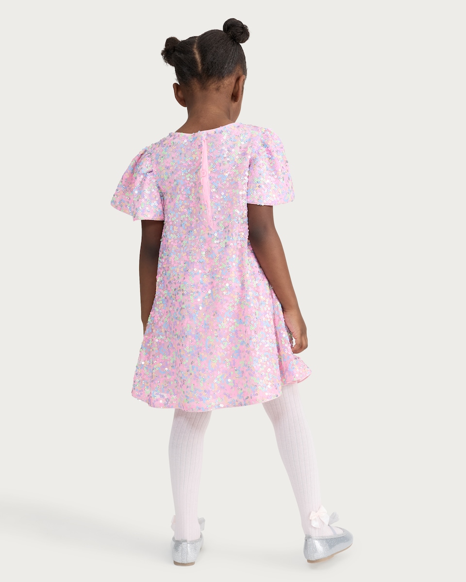 image 1 of F&F Girls Sequin Embellished Short Sleeved Dress in Multi