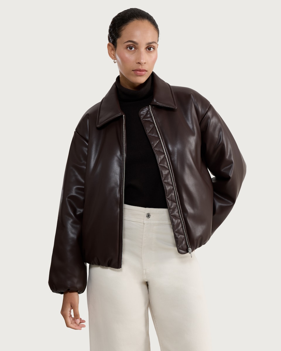 image 1 of F&F Faux Leather Bubble Hem Zip Up Jacket in Brown