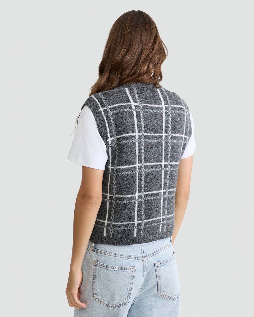 image 1 of F&F Knitted Check Print Button Up Vest with Wool in Grey