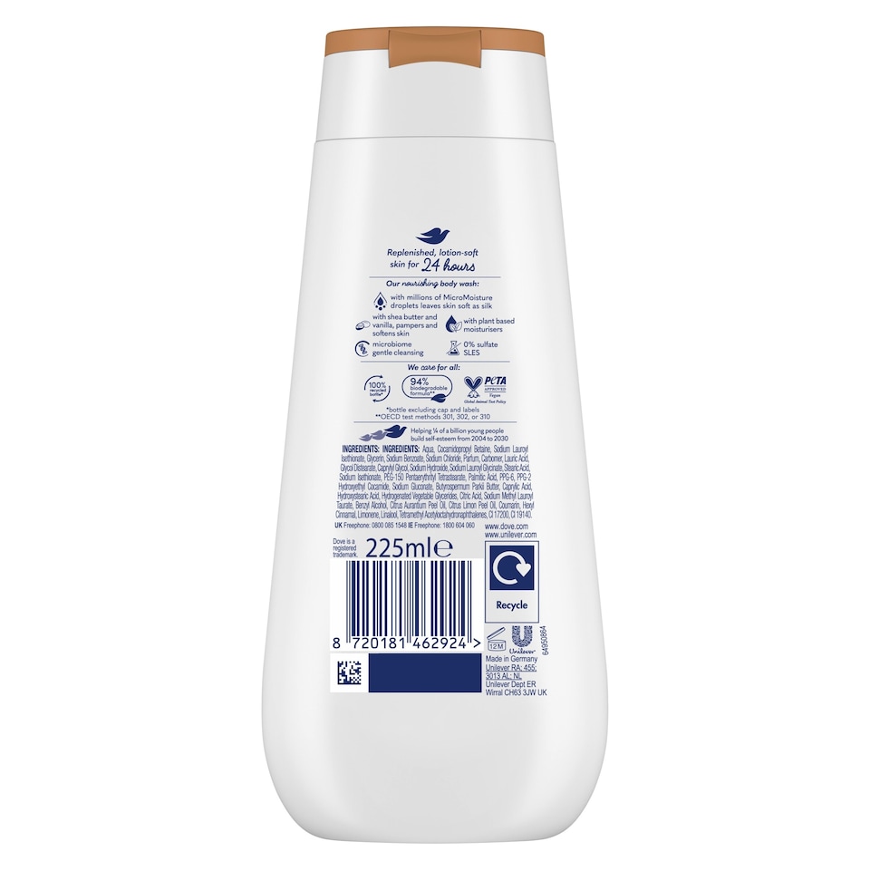 image 1 of Dove Pampering 24hr Moisturisation Advanced Care Body Wash Shower Gel Shea Butter & Vanilla 225ml