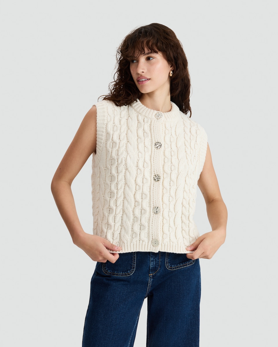 image 1 of F&F Cable Knit Sleeveless Cardigan in Neutral