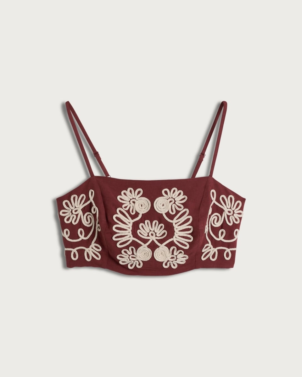 image 1 of The F&F Edit Embroidered Strappy Co-ord Crop Top in Burgundy