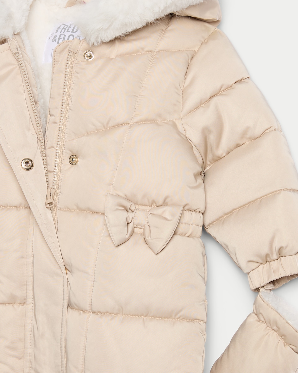 image 1 of F&F Baby Quilted High Shine Shower Resistant Pramsuit in Amber