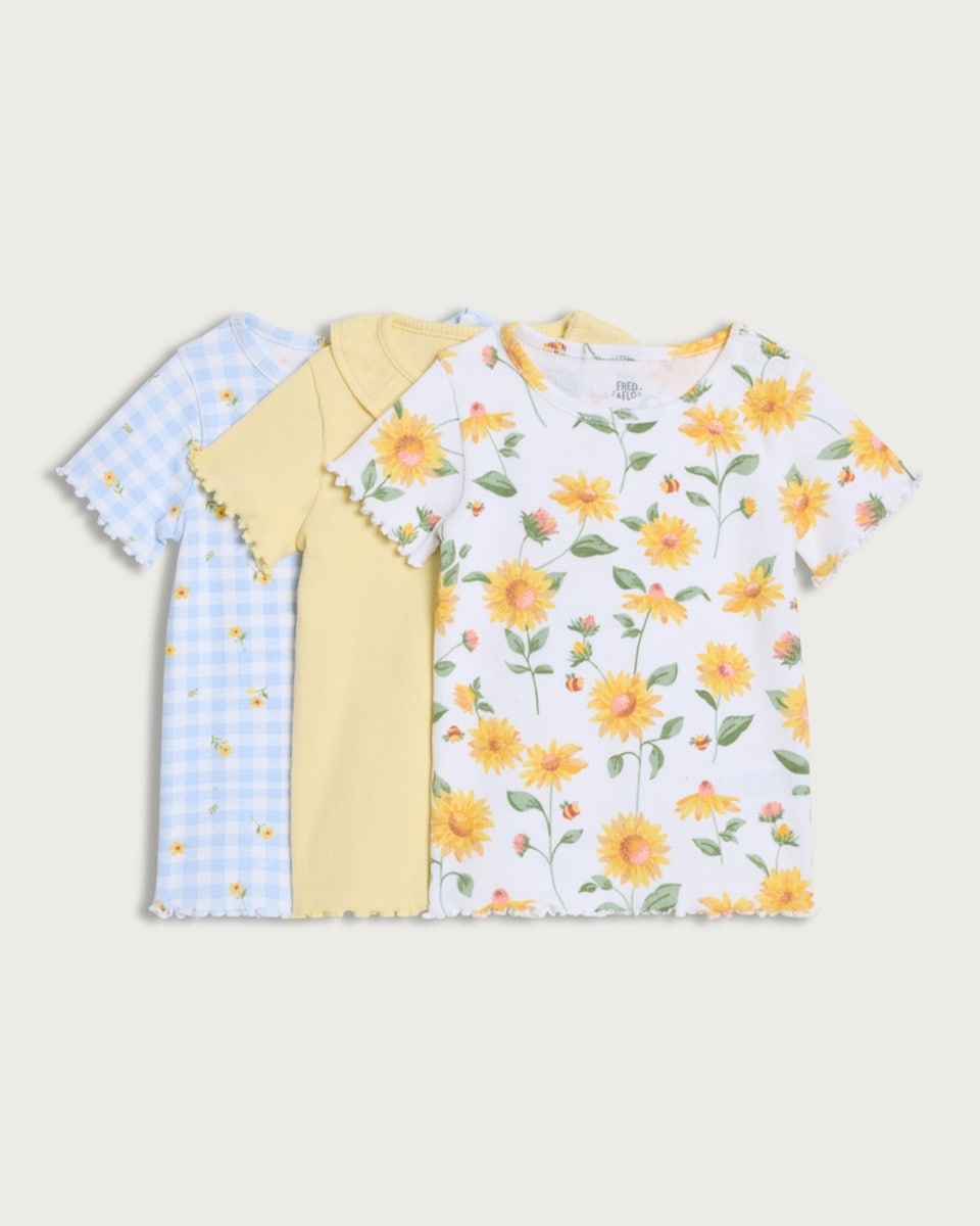 F&F Baby 3-Pack Cotton Rich Ribbed Sunflower Print T-Shirts in Yellow