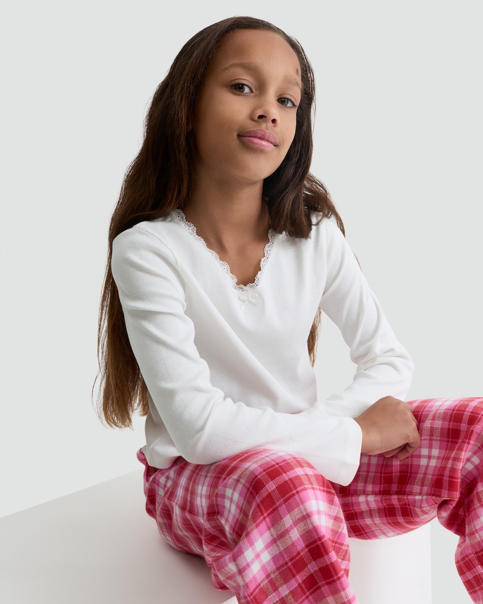 image 1 of F&F Girls Cotton Rich Lace Trim Top and Check Trousers Pyjamas in Cream Multi