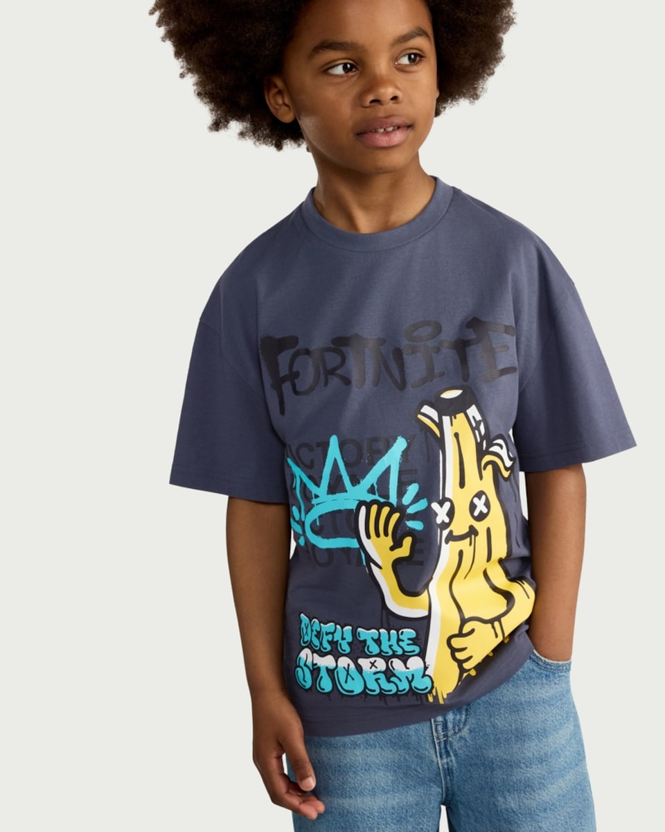 image 1 of Fortnite Pure Cotton Defy the Storm T-Shirt in Grey