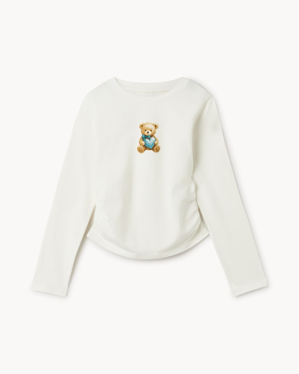 image 1 of F&F Girls Cotton Rich Teddy Bear Ruched Sides Top in White