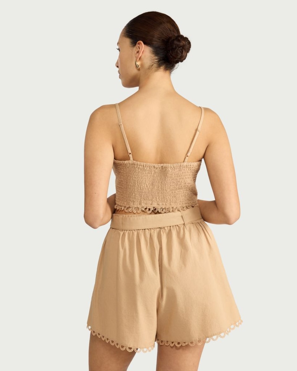 image 1 of The F&F Edit Cotton Rich Embroidered Belted Co-ord Shorts in Camel